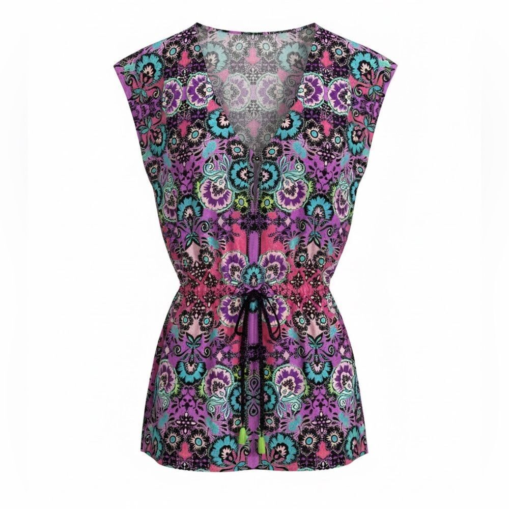 Nanette Lepore women’s Purple Floral V-Neck Drawstring Tunic swim coverup size L